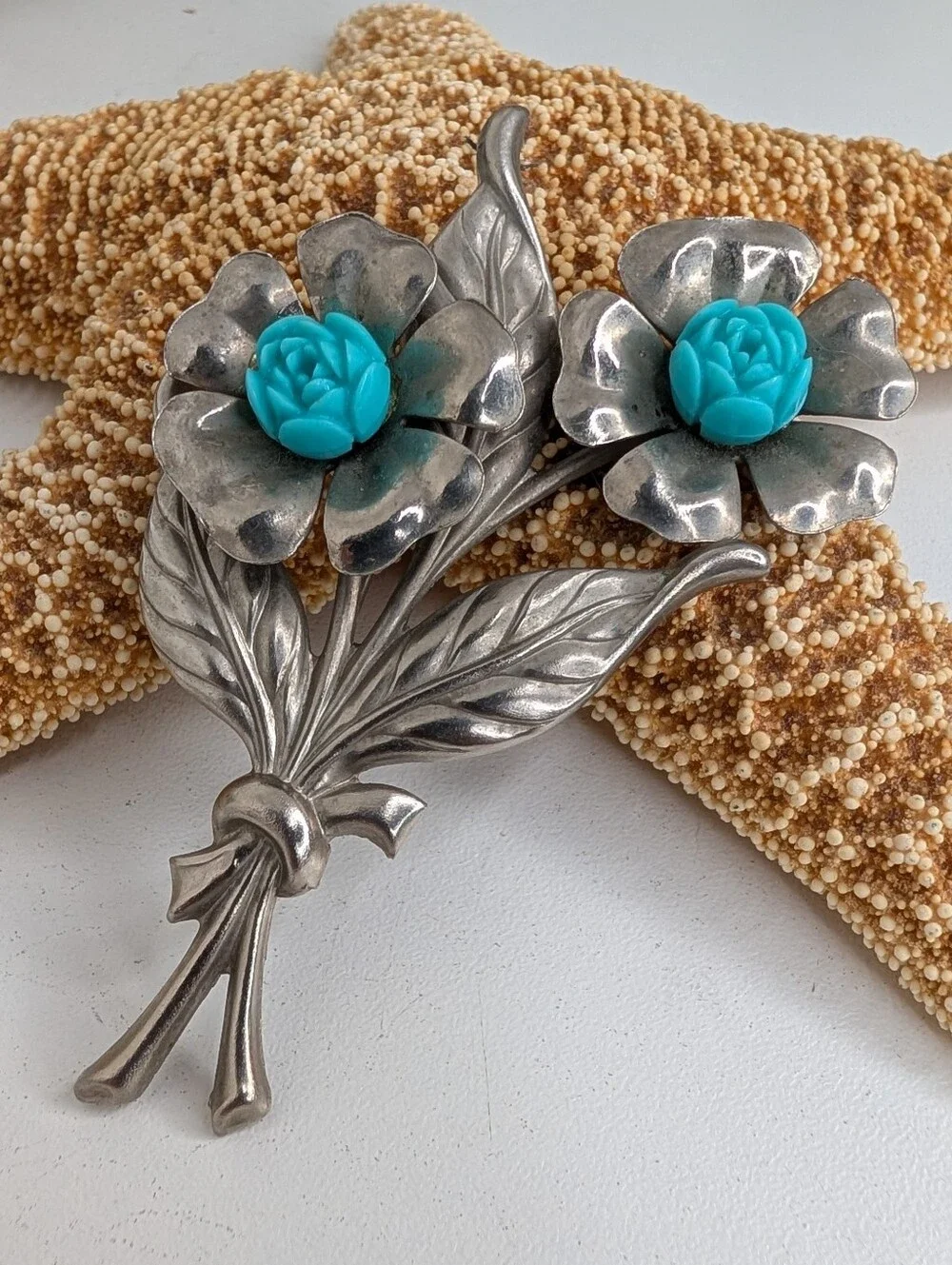 Silver Tone Floral Brooch with Molded Turquoise Resin Roses